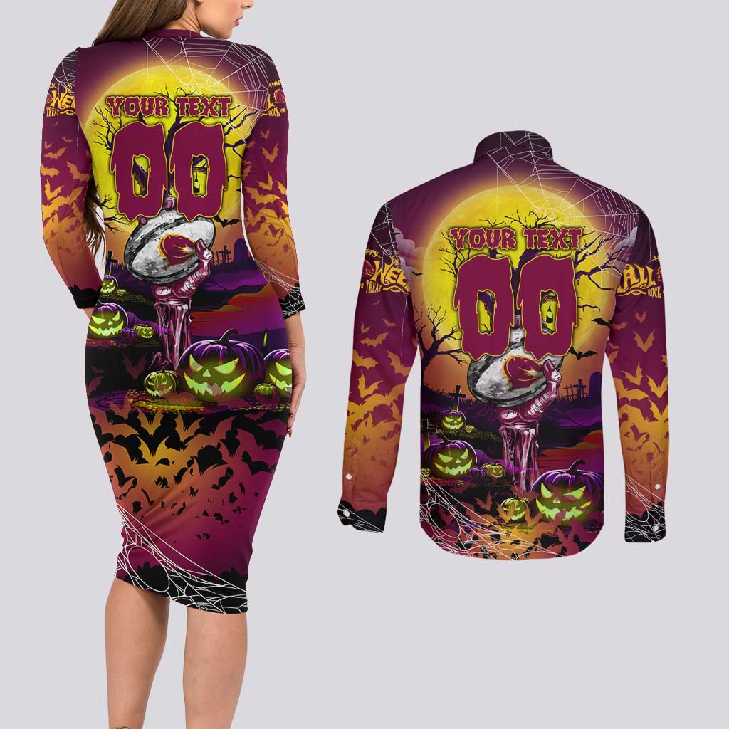 We Are Broncos Halloween Couples Matching Long Sleeve Bodycon Dress and Long Sleeve Button Shirt Pumpkin Scary Spooky Season - Aussie Hoodie