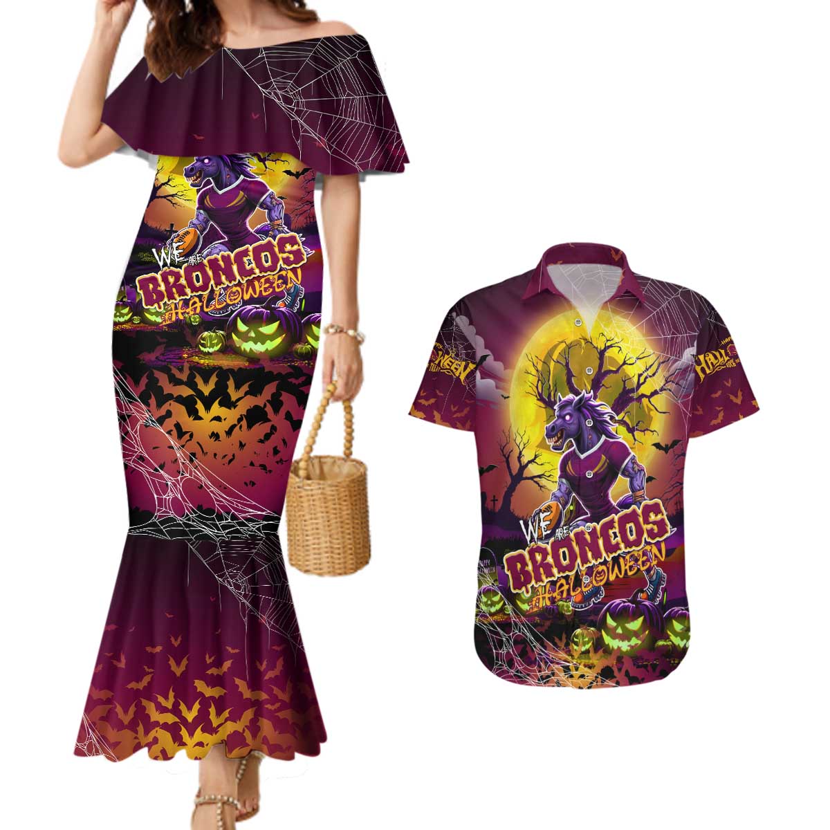 We Are Broncos Halloween Couples Matching Mermaid Dress and Hawaiian Shirt Pumpkin Scary Spooky Season - Aussie Hoodie
