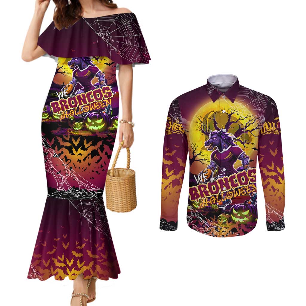 We Are Broncos Halloween Couples Matching Mermaid Dress and Long Sleeve Button Shirt Pumpkin Scary Spooky Season - Aussie Hoodie