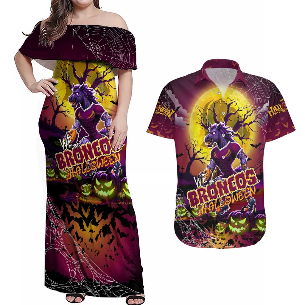 We Are Broncos Halloween Couples Matching Off Shoulder Maxi Dress and Hawaiian Shirt Pumpkin Scary Spooky Season - Aussie Hoodie