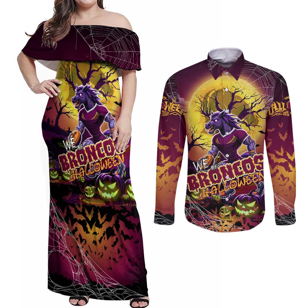 We Are Broncos Halloween Couples Matching Off Shoulder Maxi Dress and Long Sleeve Button Shirt Pumpkin Scary Spooky Season - Aussie Hoodie