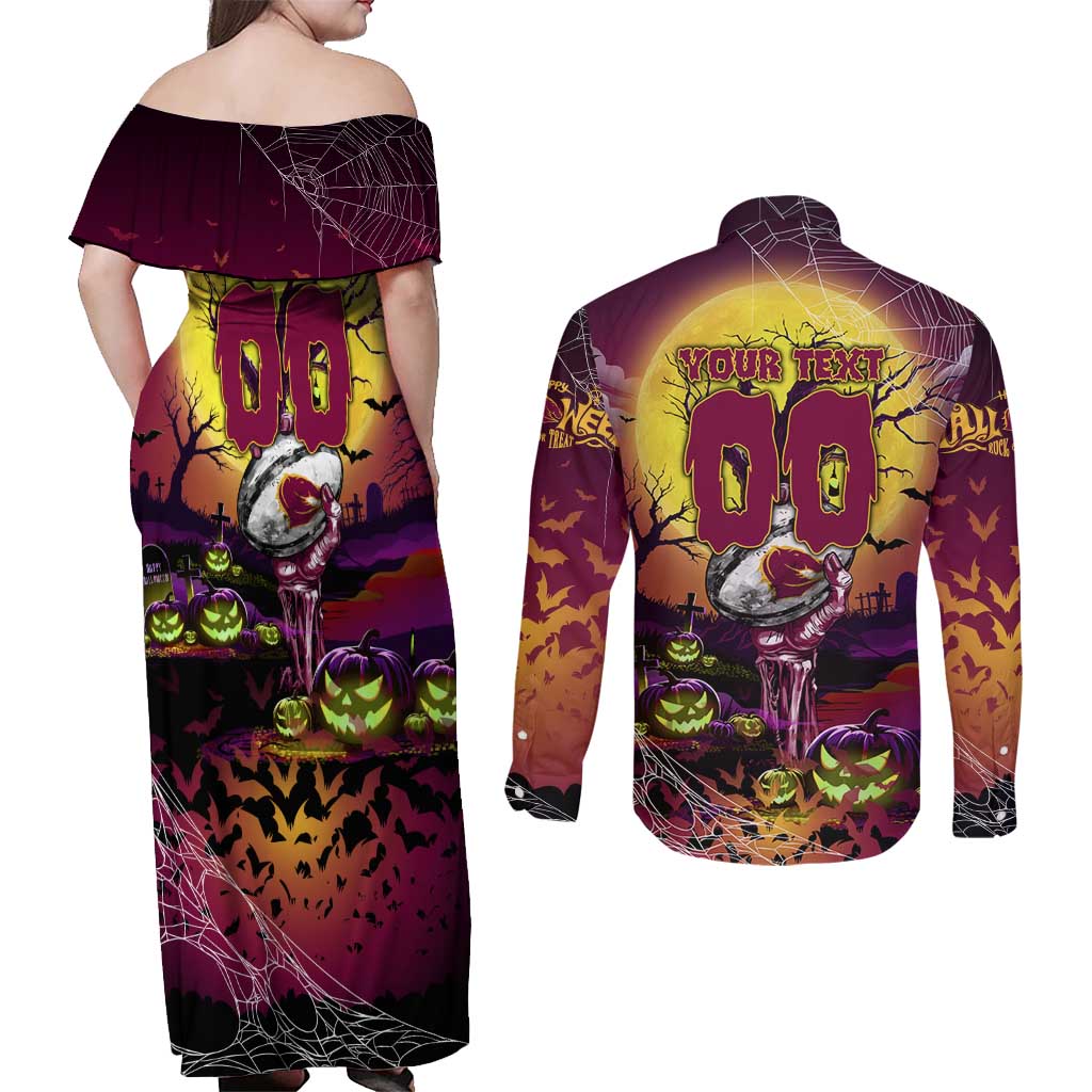 We Are Broncos Halloween Couples Matching Off Shoulder Maxi Dress and Long Sleeve Button Shirt Pumpkin Scary Spooky Season - Aussie Hoodie