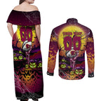 We Are Broncos Halloween Couples Matching Off Shoulder Maxi Dress and Long Sleeve Button Shirt Pumpkin Scary Spooky Season - Aussie Hoodie
