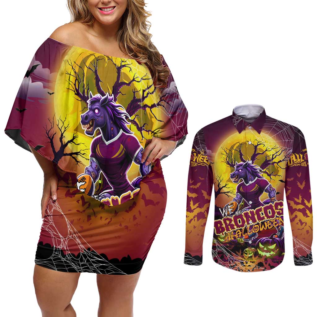 We Are Broncos Halloween Couples Matching Off Shoulder Short Dress and Long Sleeve Button Shirt Pumpkin Scary Spooky Season - Aussie Hoodie