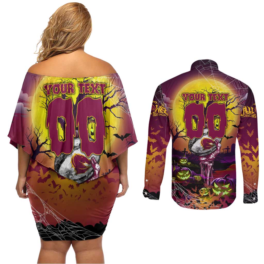 We Are Broncos Halloween Couples Matching Off Shoulder Short Dress and Long Sleeve Button Shirt Pumpkin Scary Spooky Season - Aussie Hoodie