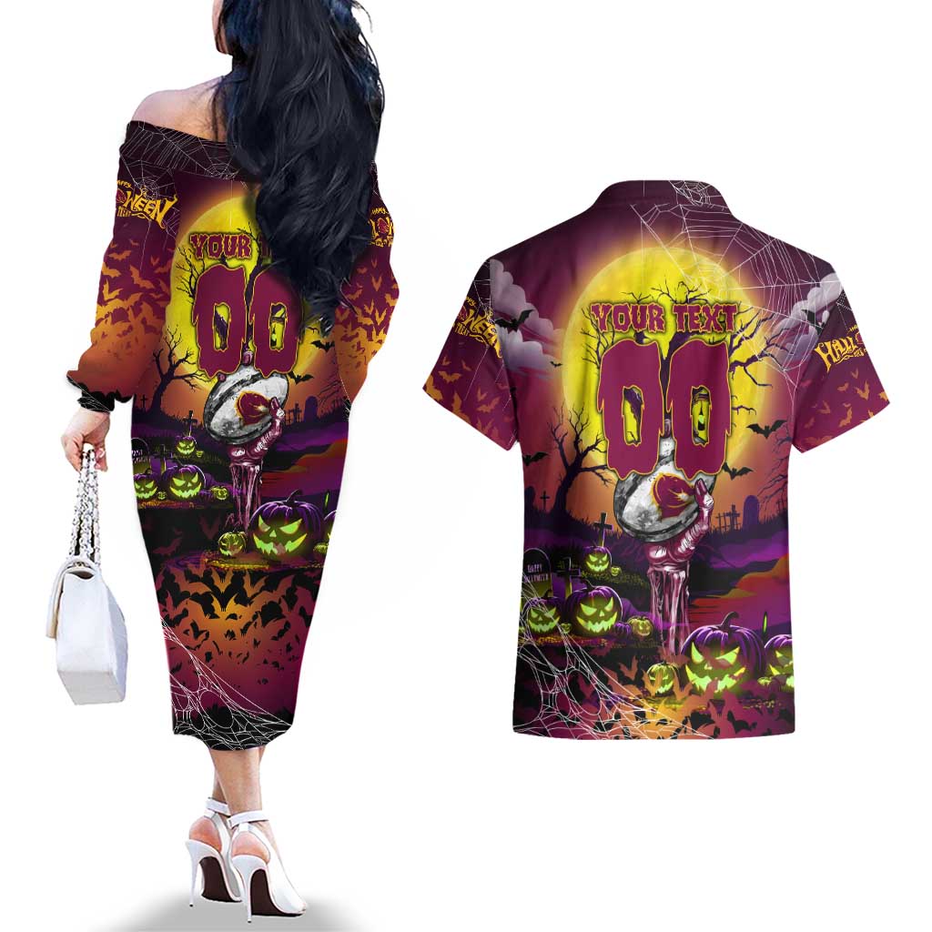 We Are Broncos Halloween Couples Matching Off The Shoulder Long Sleeve Dress and Hawaiian Shirt Pumpkin Scary Spooky Season - Aussie Hoodie