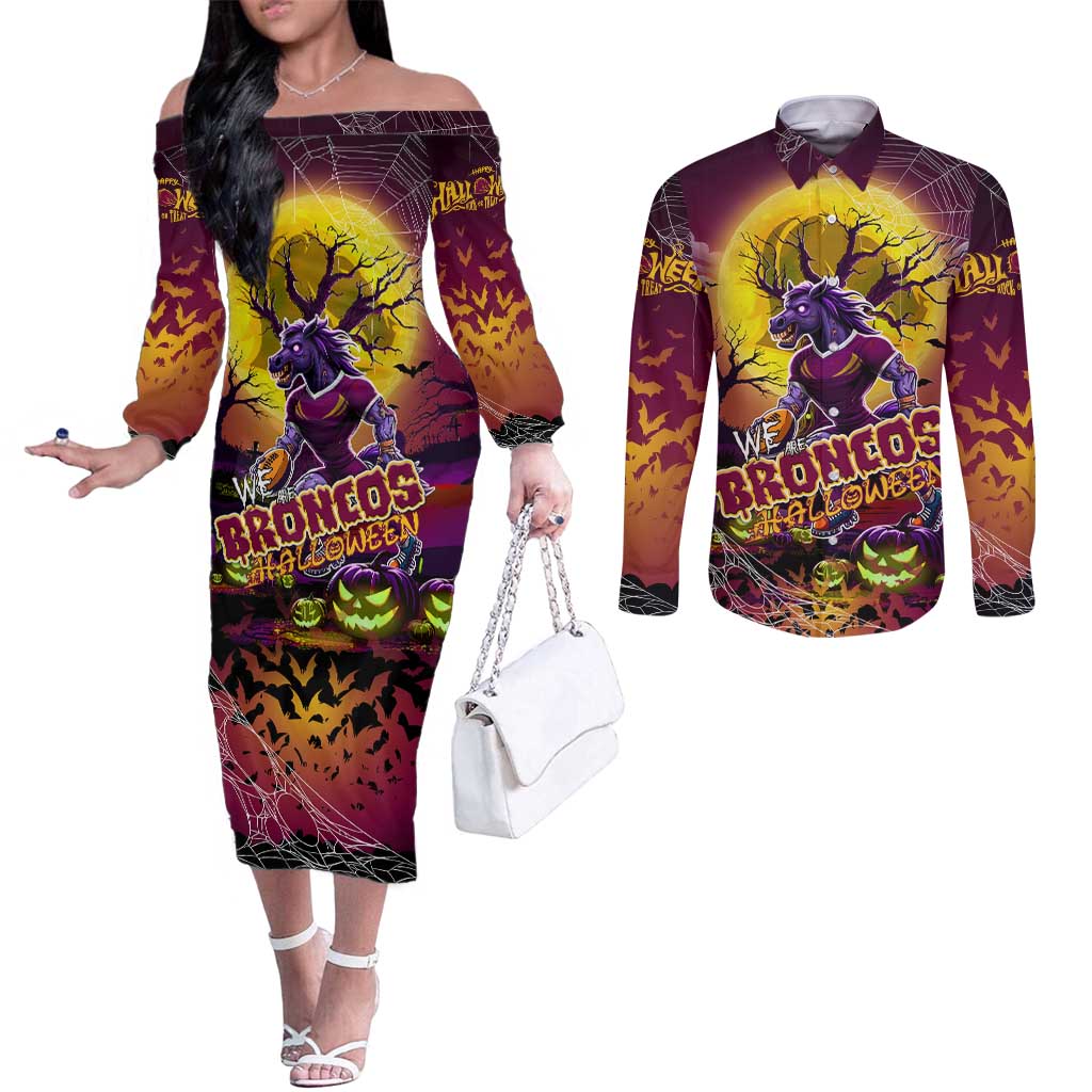 We Are Broncos Halloween Couples Matching Off The Shoulder Long Sleeve Dress and Long Sleeve Button Shirt Pumpkin Scary Spooky Season - Aussie Hoodie
