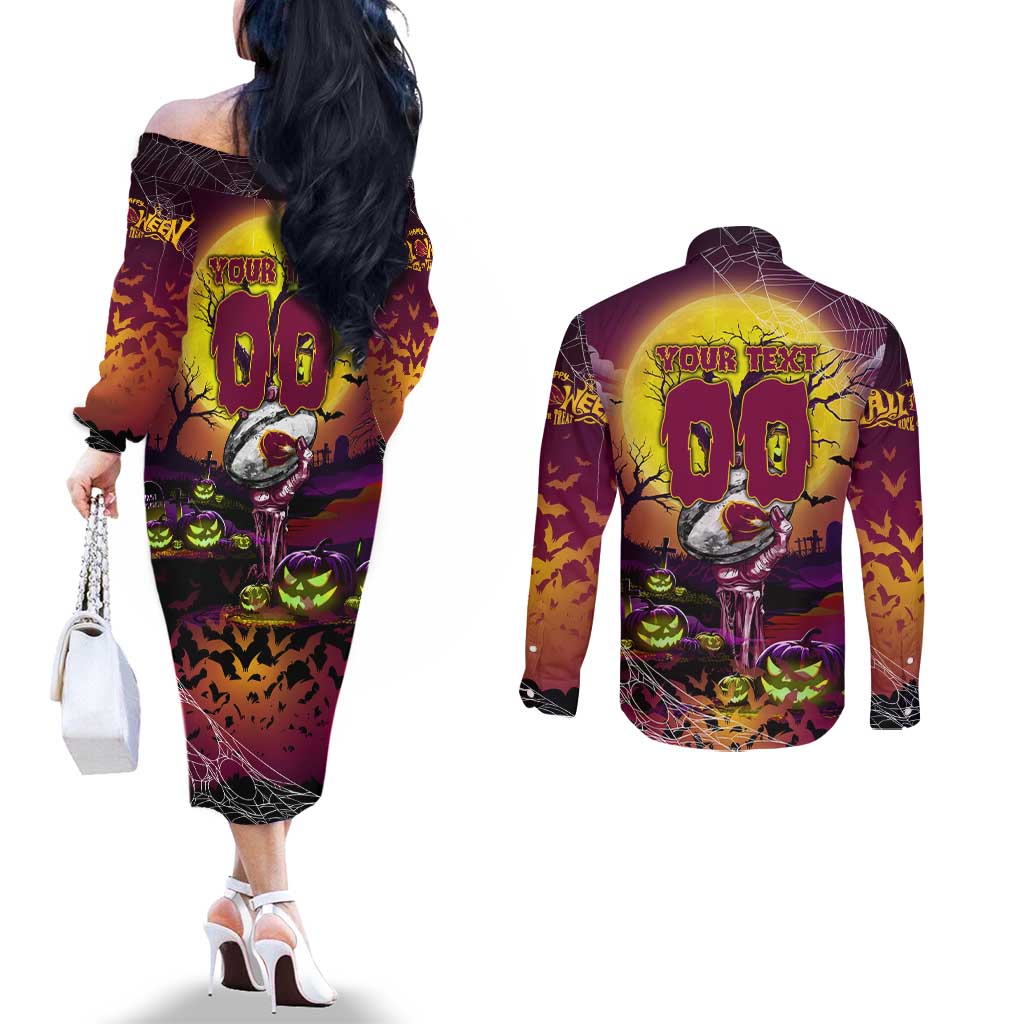 We Are Broncos Halloween Couples Matching Off The Shoulder Long Sleeve Dress and Long Sleeve Button Shirt Pumpkin Scary Spooky Season - Aussie Hoodie