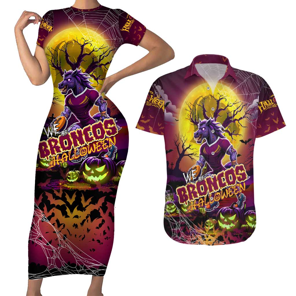 We Are Broncos Halloween Couples Matching Short Sleeve Bodycon Dress and Hawaiian Shirt Pumpkin Scary Spooky Season - Aussie Hoodie