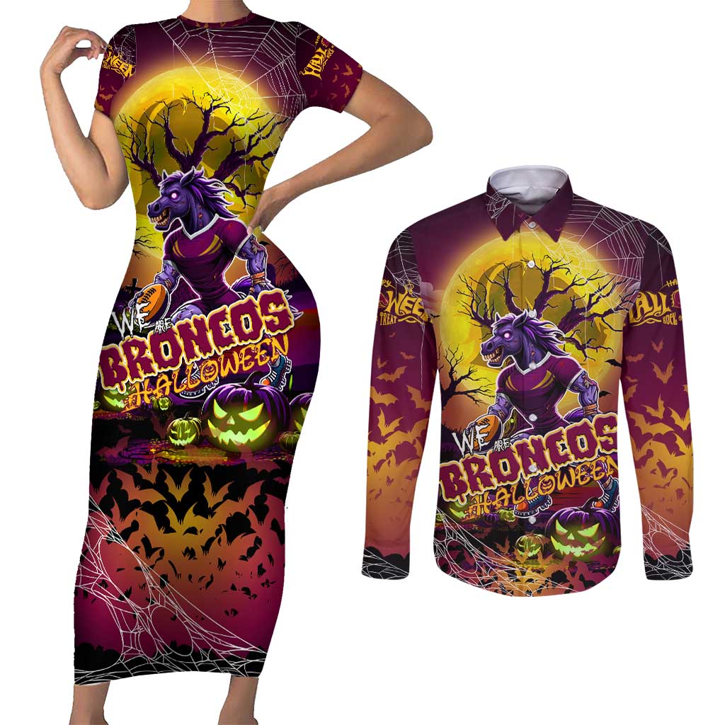 We Are Broncos Halloween Couples Matching Short Sleeve Bodycon Dress and Long Sleeve Button Shirt Pumpkin Scary Spooky Season - Aussie Hoodie