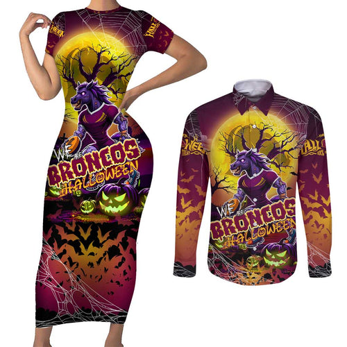 We Are Broncos Halloween Couples Matching Short Sleeve Bodycon Dress and Long Sleeve Button Shirt Pumpkin Scary Spooky Season - Aussie Hoodie