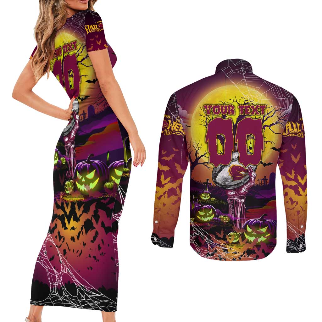 We Are Broncos Halloween Couples Matching Short Sleeve Bodycon Dress and Long Sleeve Button Shirt Pumpkin Scary Spooky Season - Aussie Hoodie