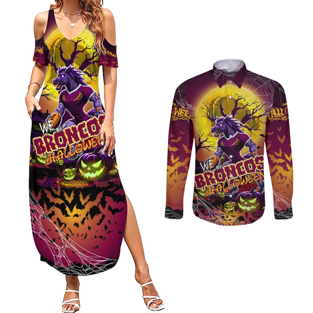 We Are Broncos Halloween Couples Matching Summer Maxi Dress and Long Sleeve Button Shirt Pumpkin Scary Spooky Season - Aussie Hoodie