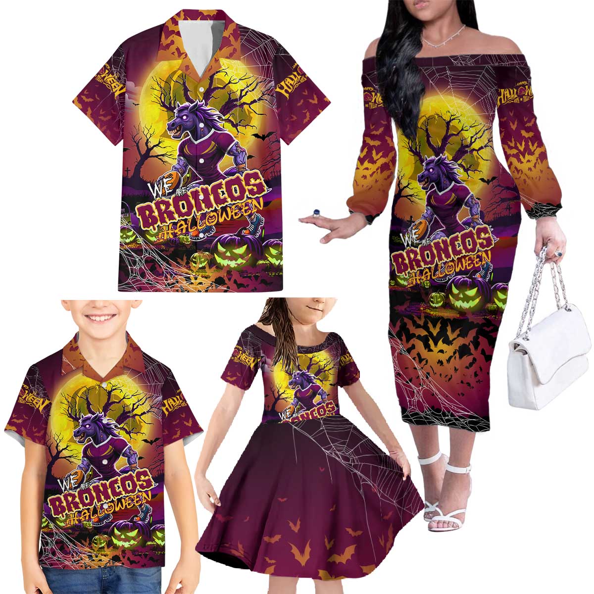 We Are Broncos Halloween Family Matching Off The Shoulder Long Sleeve Dress and Hawaiian Shirt Pumpkin Scary Spooky Season - Aussie Hoodie