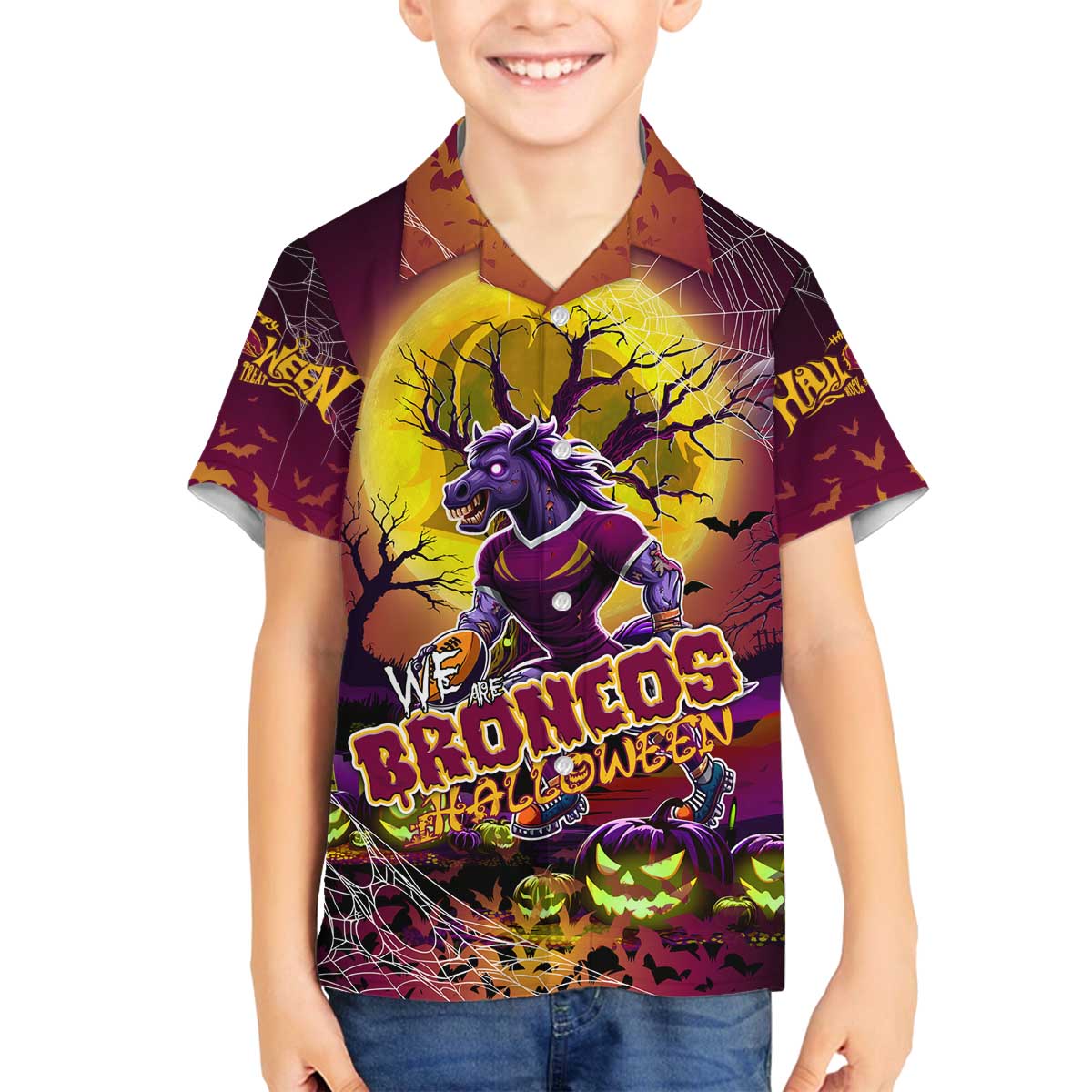 We Are Broncos Halloween Family Matching Off The Shoulder Long Sleeve Dress and Hawaiian Shirt Pumpkin Scary Spooky Season - Aussie Hoodie
