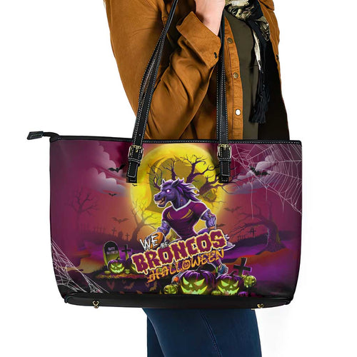 We Are Broncos Halloween Leather Tote Bag Pumpkin Scary Spooky Season - Aussie Hoodie