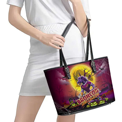 We Are Broncos Halloween Leather Tote Bag Pumpkin Scary Spooky Season - Aussie Hoodie