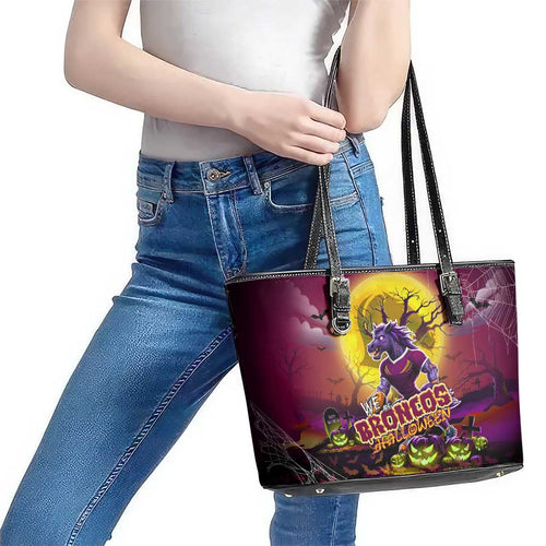 We Are Broncos Halloween Leather Tote Bag Pumpkin Scary Spooky Season - Aussie Hoodie