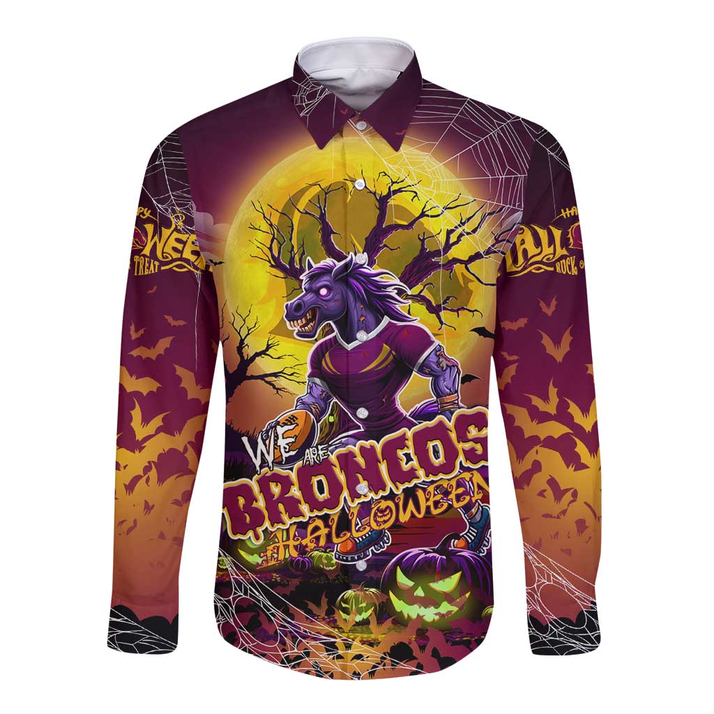 We Are Broncos Halloween Long Sleeve Button Shirt Pumpkin Scary Spooky Season - Aussie Hoodie