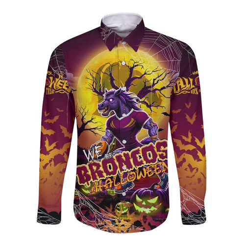 We Are Broncos Halloween Long Sleeve Button Shirt Pumpkin Scary Spooky Season - Aussie Hoodie