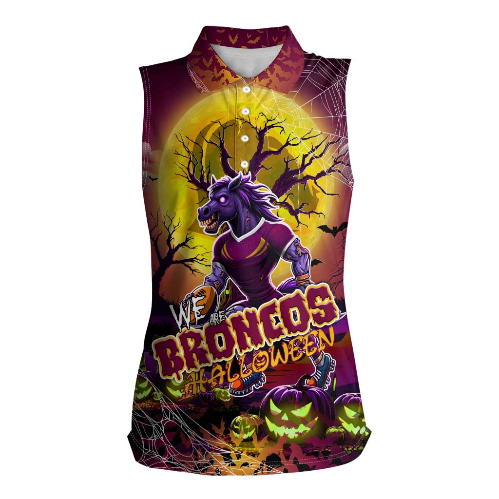 We Are Broncos Halloween Women Sleeveless Polo Shirt Pumpkin Scary Spooky Season - Aussie Hoodie