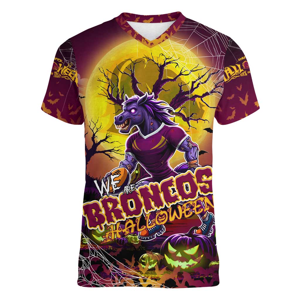 We Are Broncos Halloween Women V-Neck T-Shirt Pumpkin Scary Spooky Season - Aussie Hoodie