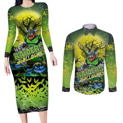 We Are Raiders Halloween Couples Matching Long Sleeve Bodycon Dress and Long Sleeve Button Shirt Pumpkin Scary Spooky Season - Aussie Hoodie