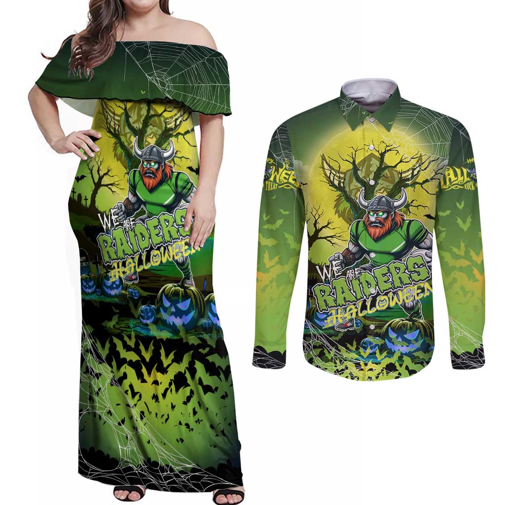 We Are Raiders Halloween Couples Matching Off Shoulder Maxi Dress and Long Sleeve Button Shirt Pumpkin Scary Spooky Season - Aussie Hoodie
