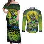We Are Raiders Halloween Couples Matching Off Shoulder Maxi Dress and Long Sleeve Button Shirt Pumpkin Scary Spooky Season - Aussie Hoodie