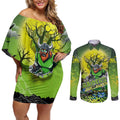 We Are Raiders Halloween Couples Matching Off Shoulder Short Dress and Long Sleeve Button Shirt Pumpkin Scary Spooky Season - Aussie Hoodie