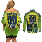 We Are Raiders Halloween Couples Matching Off Shoulder Short Dress and Long Sleeve Button Shirt Pumpkin Scary Spooky Season - Aussie Hoodie