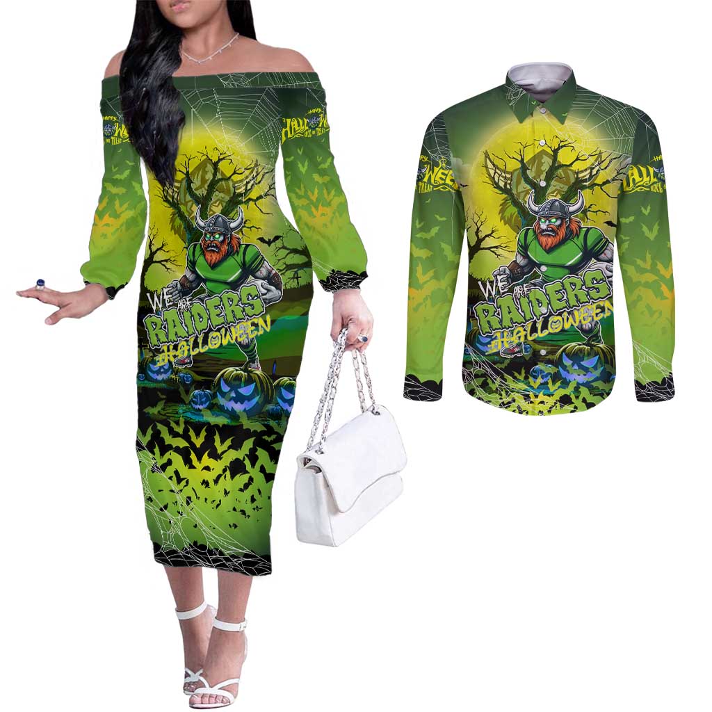 We Are Raiders Halloween Couples Matching Off The Shoulder Long Sleeve Dress and Long Sleeve Button Shirt Pumpkin Scary Spooky Season - Aussie Hoodie