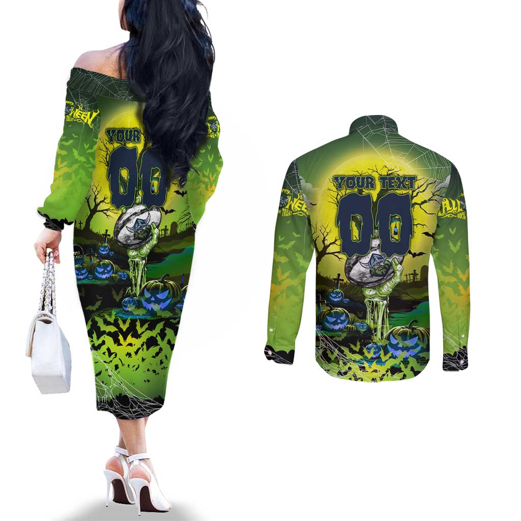 We Are Raiders Halloween Couples Matching Off The Shoulder Long Sleeve Dress and Long Sleeve Button Shirt Pumpkin Scary Spooky Season - Aussie Hoodie