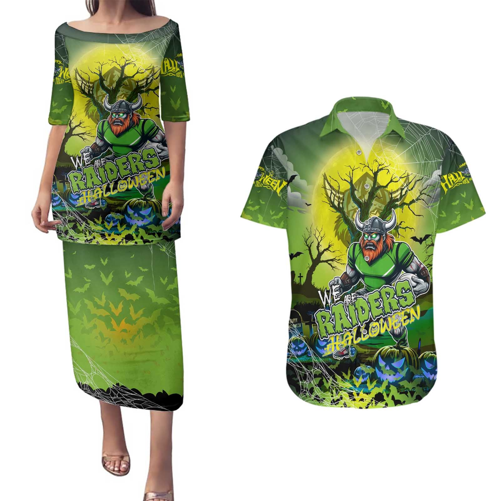 We Are Raiders Halloween Couples Matching Puletasi and Hawaiian Shirt Pumpkin Scary Spooky Season - Aussie Hoodie
