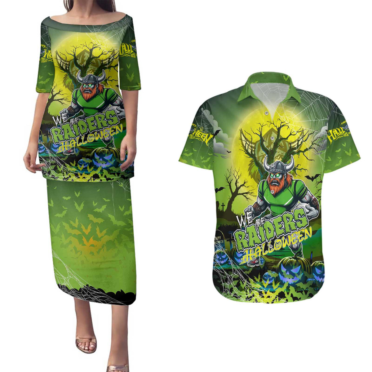 We Are Raiders Halloween Couples Matching Puletasi and Hawaiian Shirt Pumpkin Scary Spooky Season - Aussie Hoodie