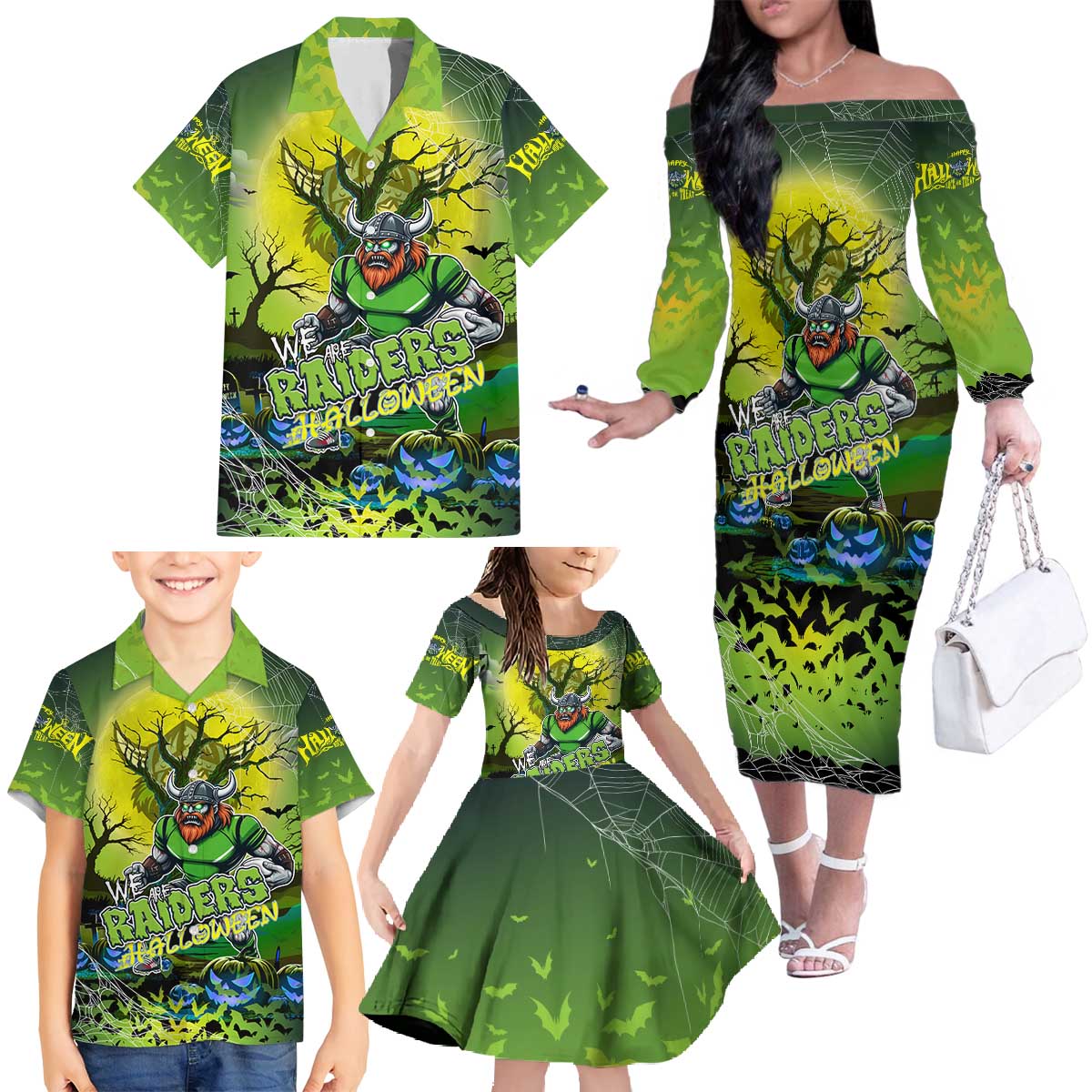 We Are Raiders Halloween Family Matching Off The Shoulder Long Sleeve Dress and Hawaiian Shirt Pumpkin Scary Spooky Season - Aussie Hoodie