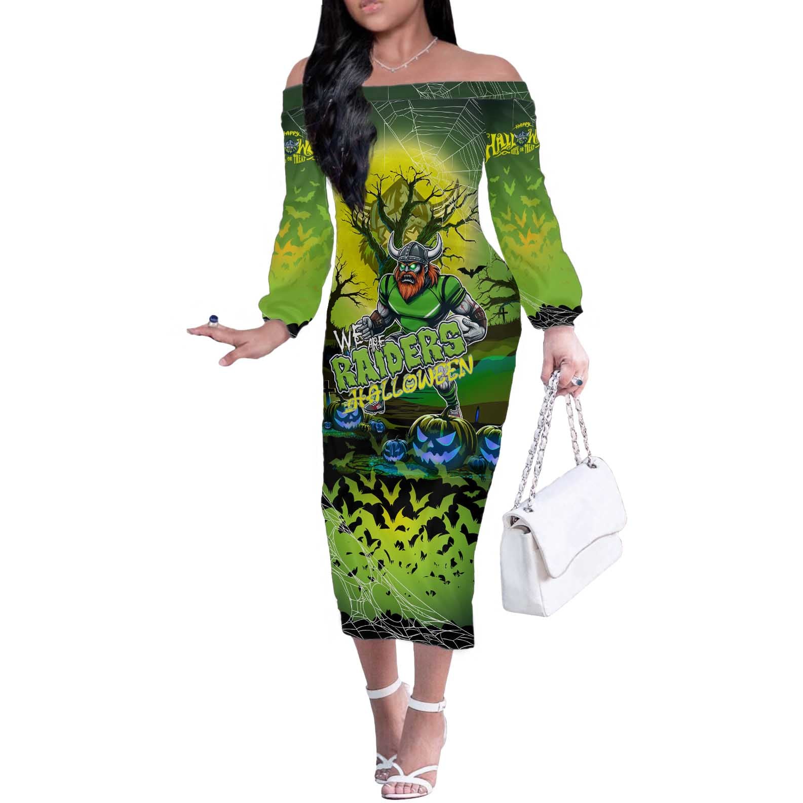 We Are Raiders Halloween Off The Shoulder Long Sleeve Dress Pumpkin Scary Spooky Season - Aussie Hoodie