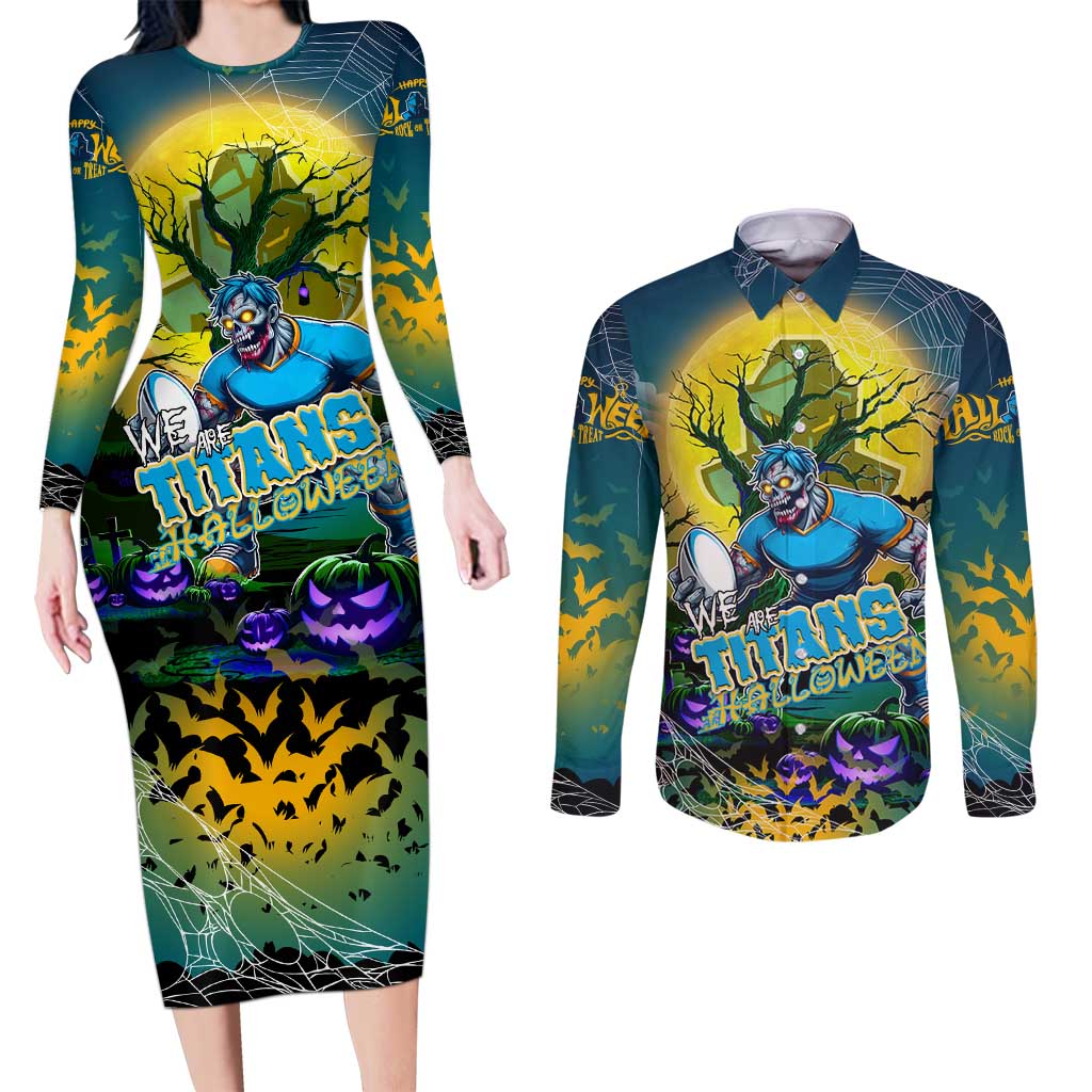 We Are Titans Halloween Couples Matching Long Sleeve Bodycon Dress and Long Sleeve Button Shirt Pumpkin Scary Spooky Season - Aussie Hoodie
