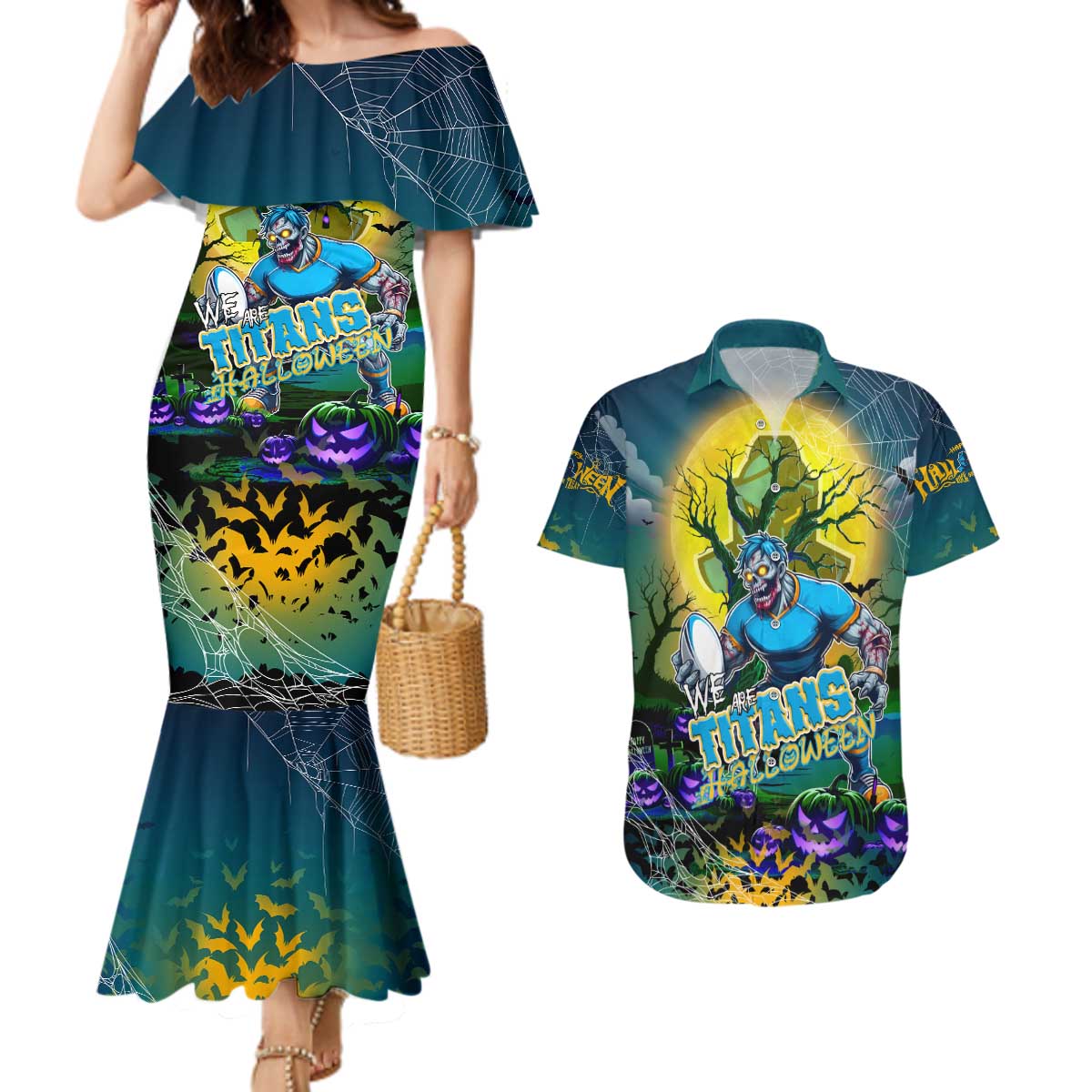 We Are Titans Halloween Couples Matching Mermaid Dress and Hawaiian Shirt Pumpkin Scary Spooky Season - Aussie Hoodie