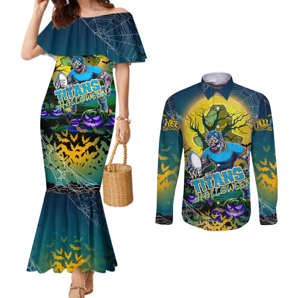 We Are Titans Halloween Couples Matching Mermaid Dress and Long Sleeve Button Shirt Pumpkin Scary Spooky Season - Aussie Hoodie