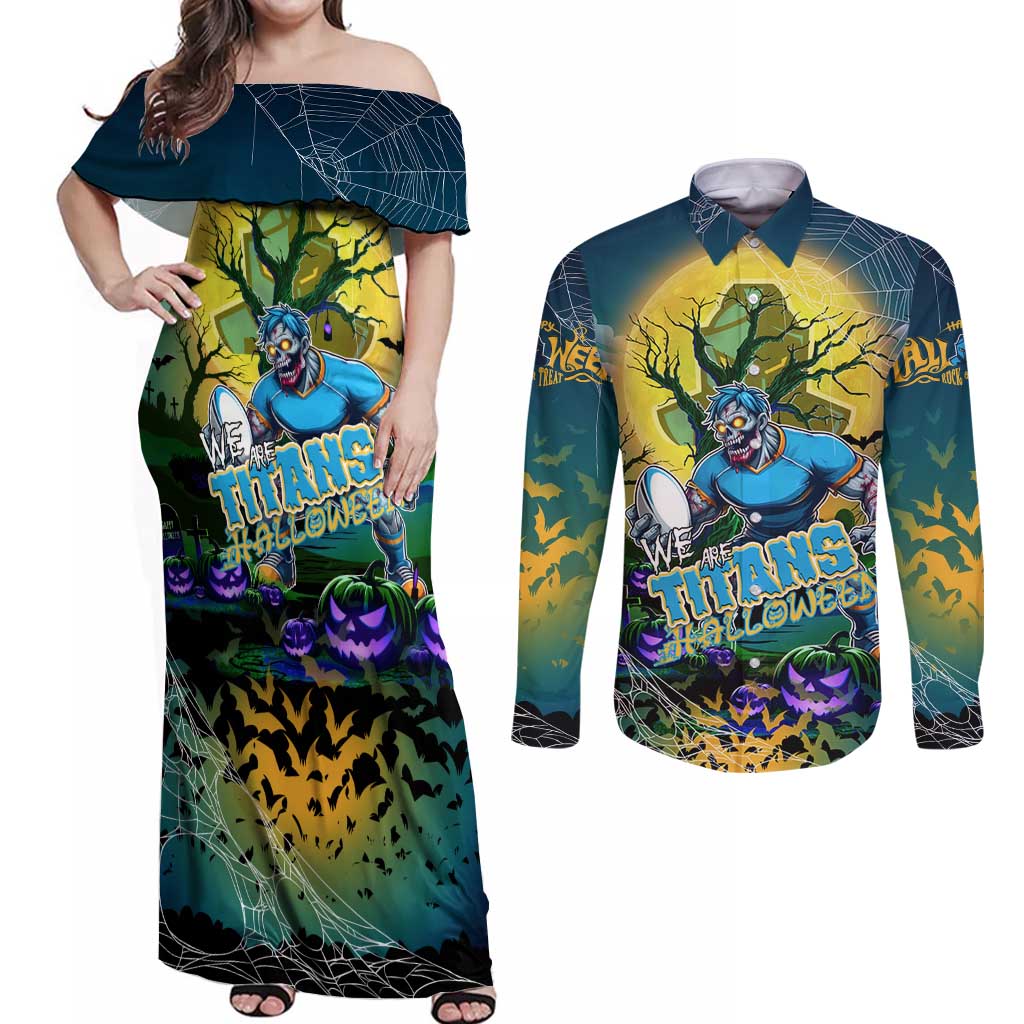 We Are Titans Halloween Couples Matching Off Shoulder Maxi Dress and Long Sleeve Button Shirt Pumpkin Scary Spooky Season - Aussie Hoodie