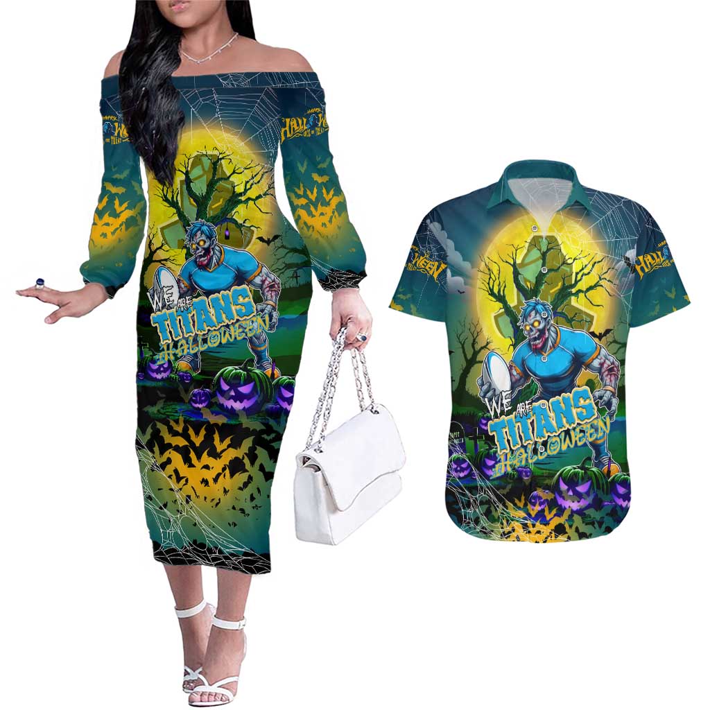 We Are Titans Halloween Couples Matching Off The Shoulder Long Sleeve Dress and Hawaiian Shirt Pumpkin Scary Spooky Season - Aussie Hoodie