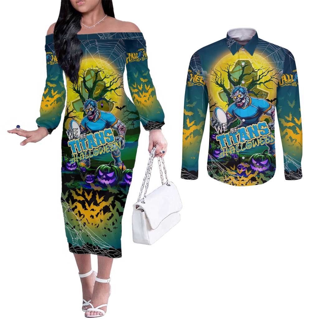 We Are Titans Halloween Couples Matching Off The Shoulder Long Sleeve Dress and Long Sleeve Button Shirt Pumpkin Scary Spooky Season - Aussie Hoodie