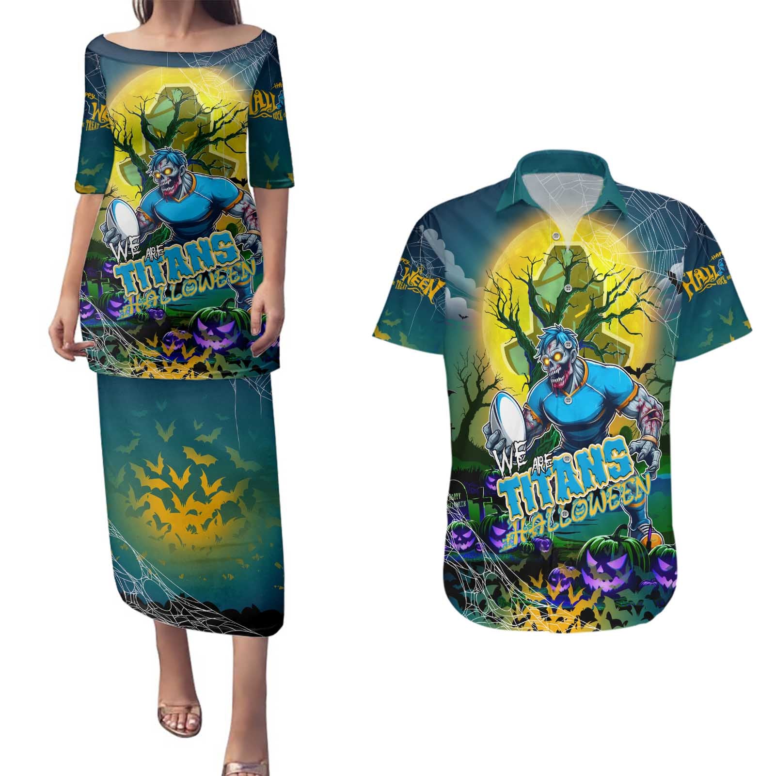 We Are Titans Halloween Couples Matching Puletasi and Hawaiian Shirt Pumpkin Scary Spooky Season - Aussie Hoodie