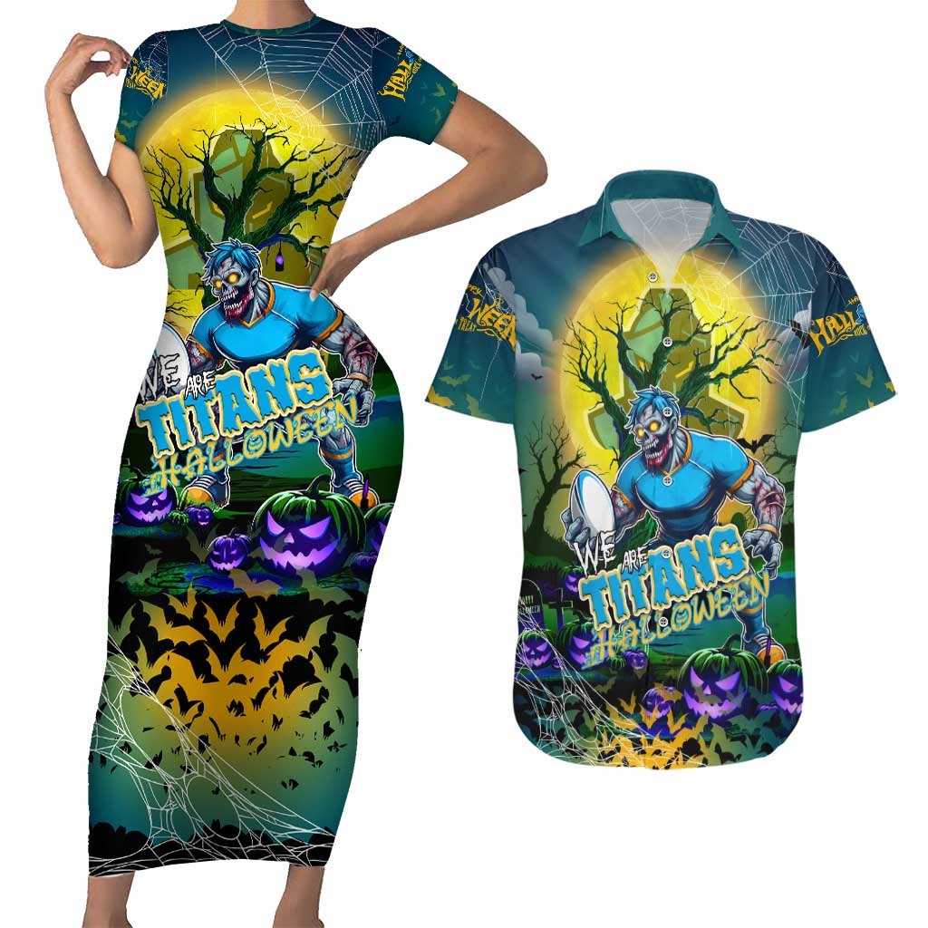 We Are Titans Halloween Couples Matching Short Sleeve Bodycon Dress and Hawaiian Shirt Pumpkin Scary Spooky Season - Aussie Hoodie