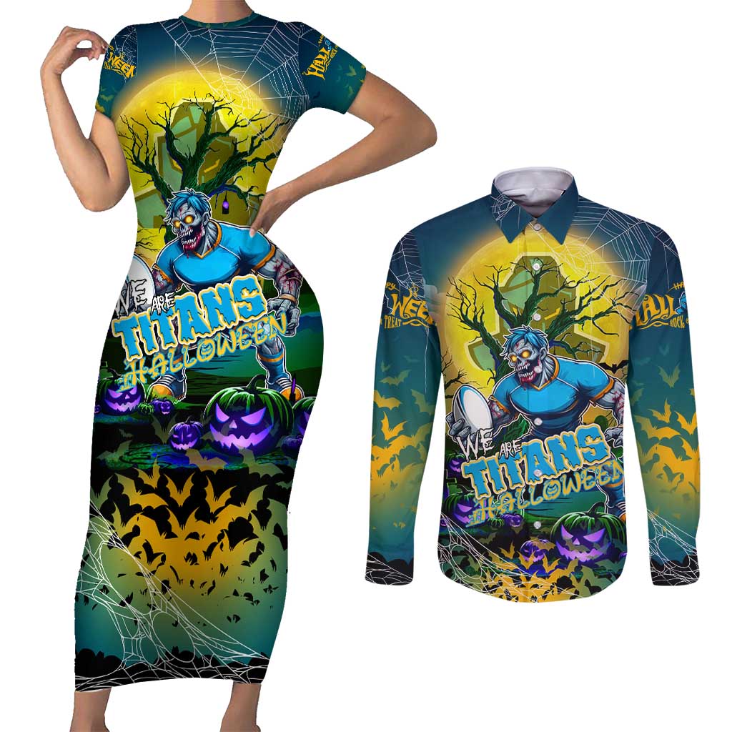We Are Titans Halloween Couples Matching Short Sleeve Bodycon Dress and Long Sleeve Button Shirt Pumpkin Scary Spooky Season - Aussie Hoodie