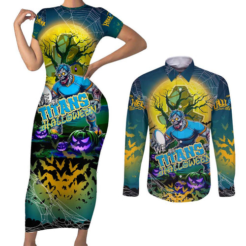 We Are Titans Halloween Couples Matching Short Sleeve Bodycon Dress and Long Sleeve Button Shirt Pumpkin Scary Spooky Season - Aussie Hoodie