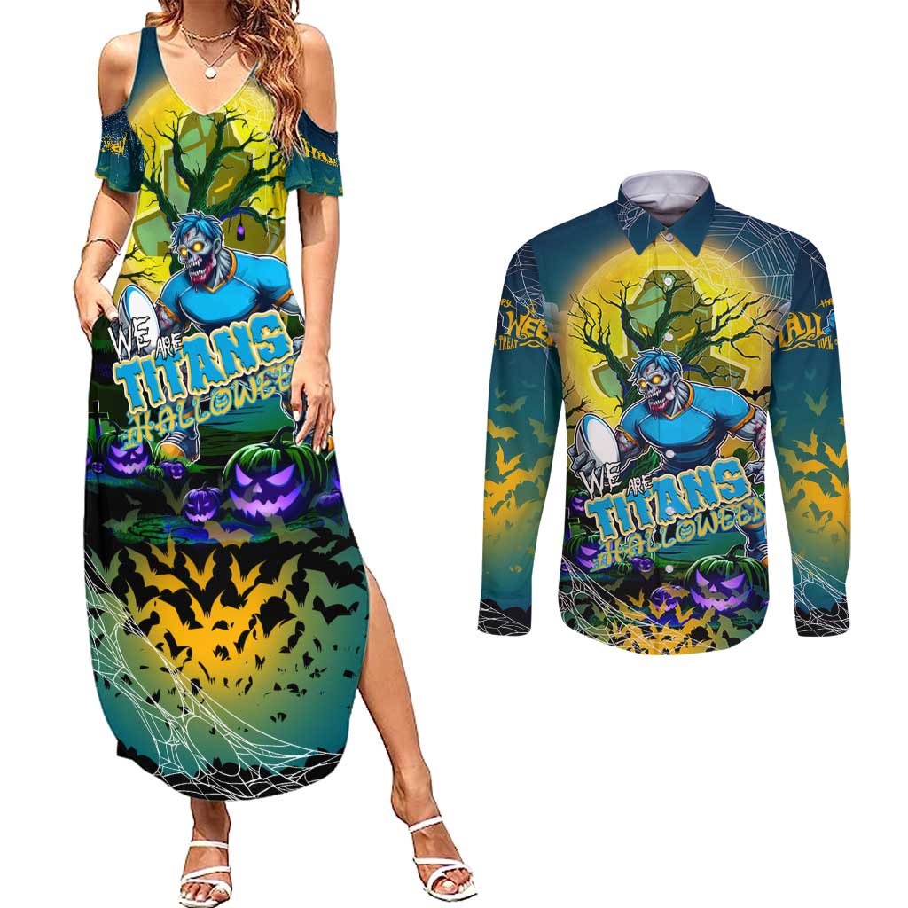 We Are Titans Halloween Couples Matching Summer Maxi Dress and Long Sleeve Button Shirt Pumpkin Scary Spooky Season - Aussie Hoodie