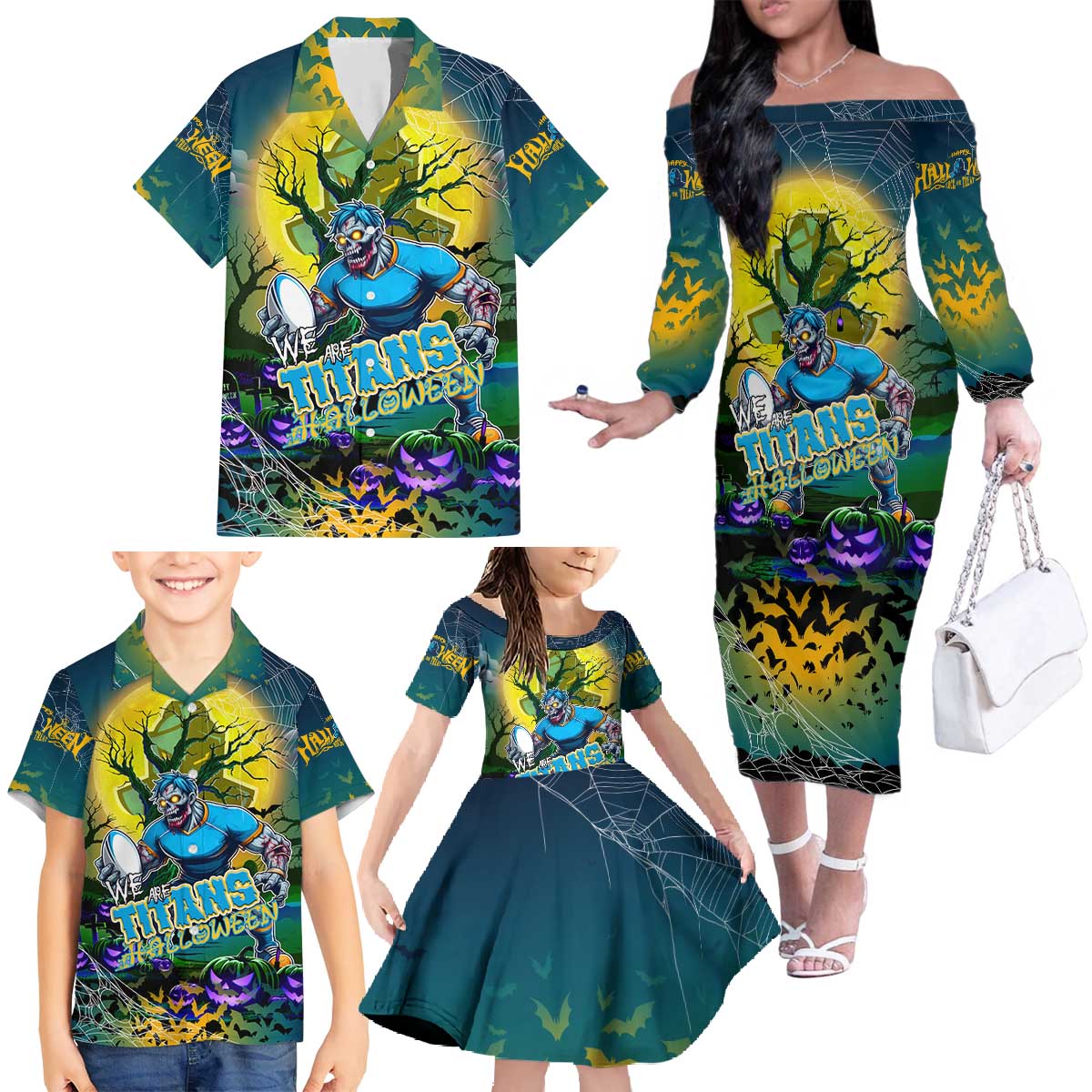 We Are Titans Halloween Family Matching Off The Shoulder Long Sleeve Dress and Hawaiian Shirt Pumpkin Scary Spooky Season - Aussie Hoodie