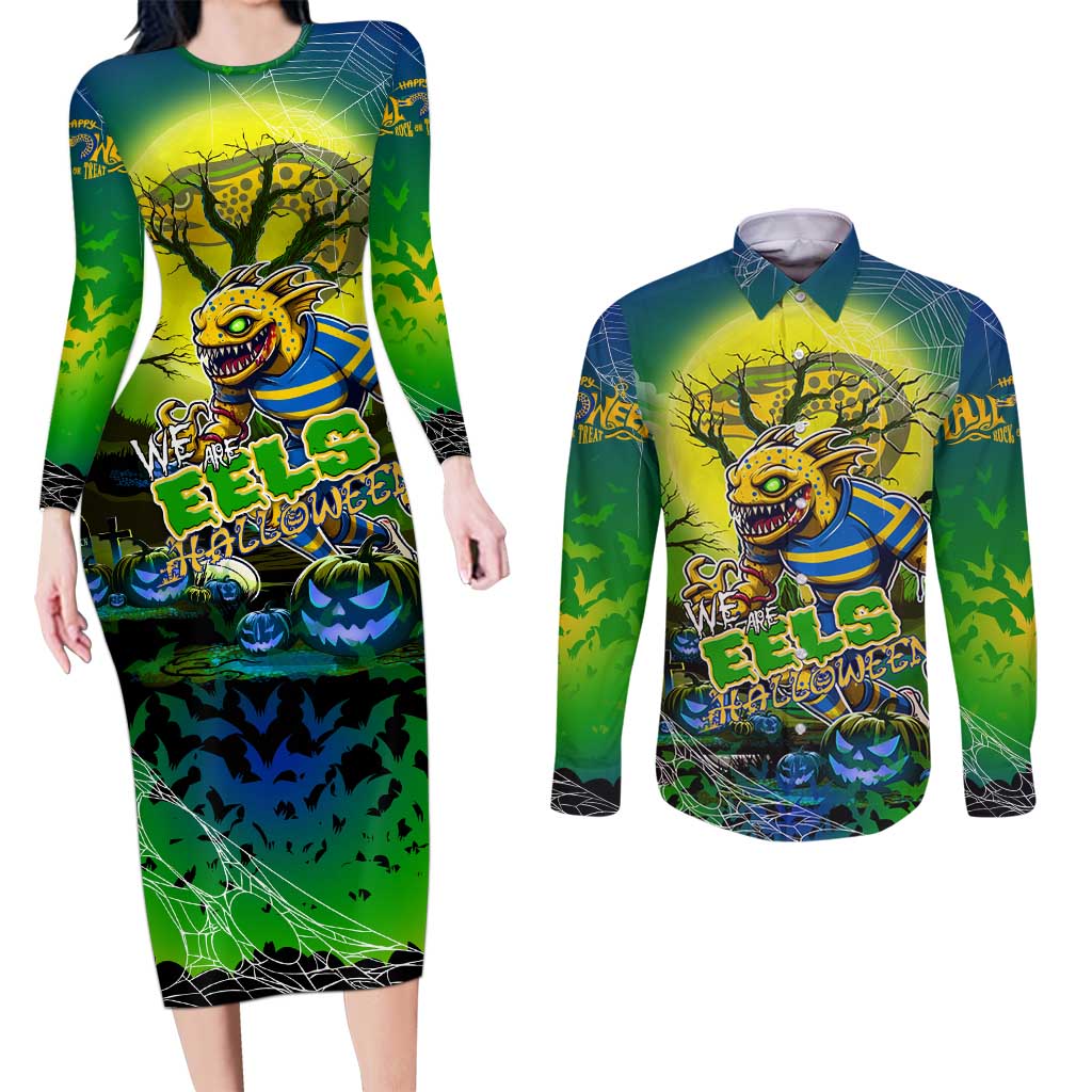 We Are Eels Halloween Couples Matching Long Sleeve Bodycon Dress and Long Sleeve Button Shirt Pumpkin Scary Spooky Season - Aussie Hoodie